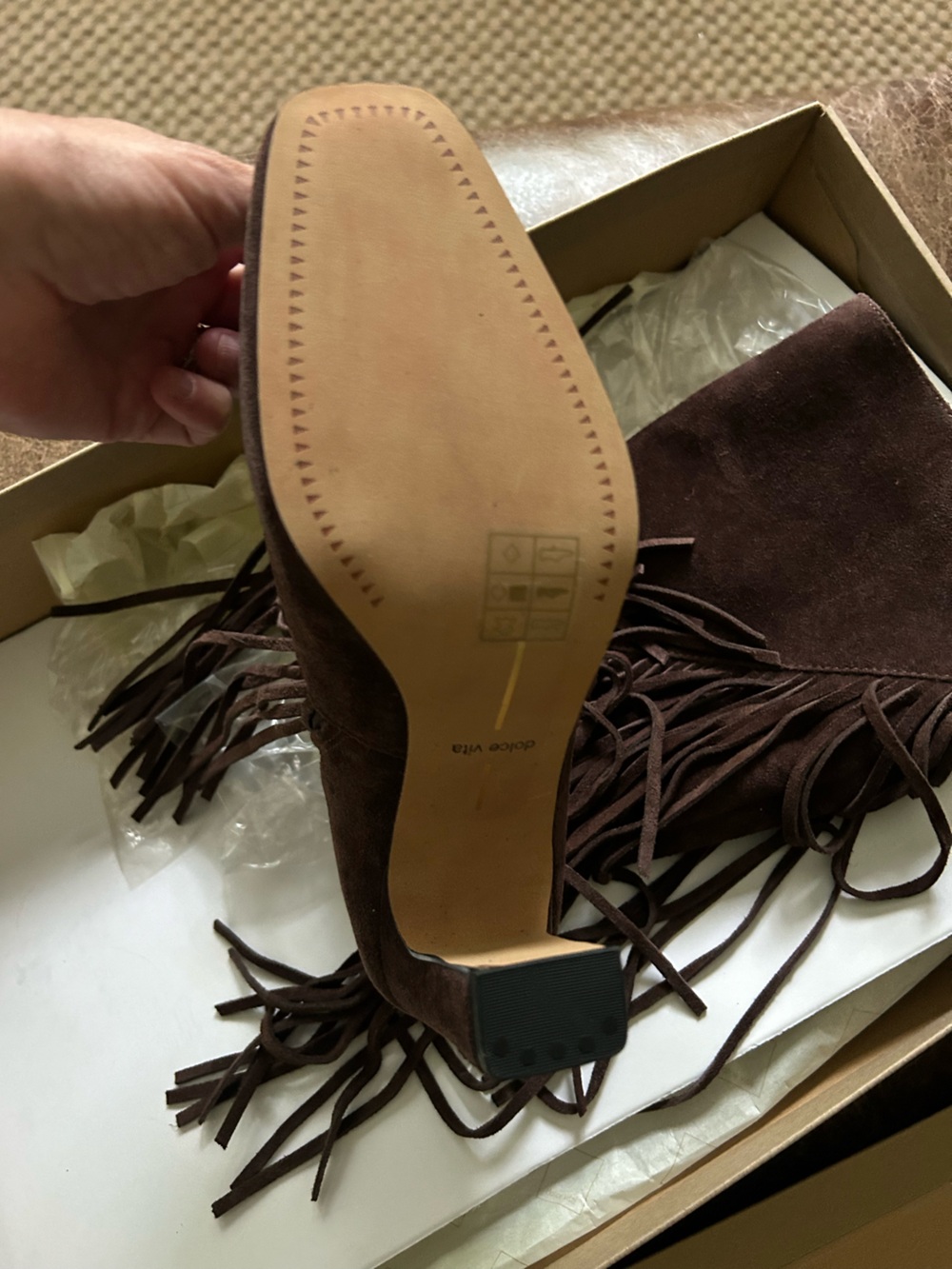Anthropologie Dolce Vita Giano Suede Fringe Boots Knee High Block Heel Western - Picture 5 of 11